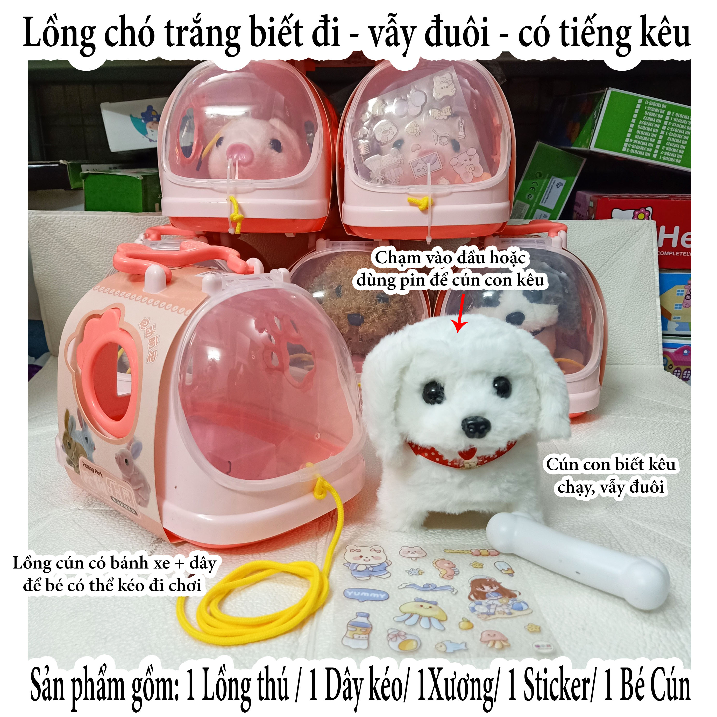 Bộ đồ chơi thú cưng chuồng chó lồng mèo, đồ chơi chăm sóc chó mèo cho bé