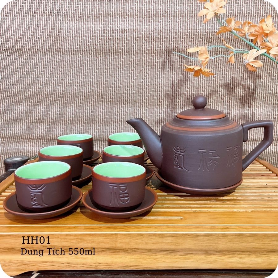Bộ ấm chén uống trà gốm sứ bát tràng ấm trà tích chữ cao cấp tử sa gomphuquy hh01 - trung hanh bat trang ceramics