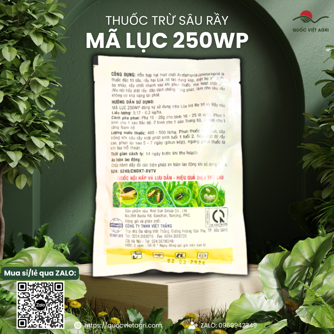 (1 gói - 20 gói) Thuốc trừ sâu rầy MÃ LỤC 250WP (100g) - Acetamiprid 125g/kg + Imidacloprid 125g/kg Diệt trừ rầy, trứng rầy, bọ trĩ, bọ nhảy, rệp sáp, rệp muội