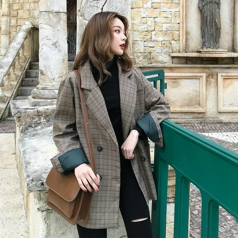 Áo blazer dáng dài sọc caro - phong cách hàn quốc