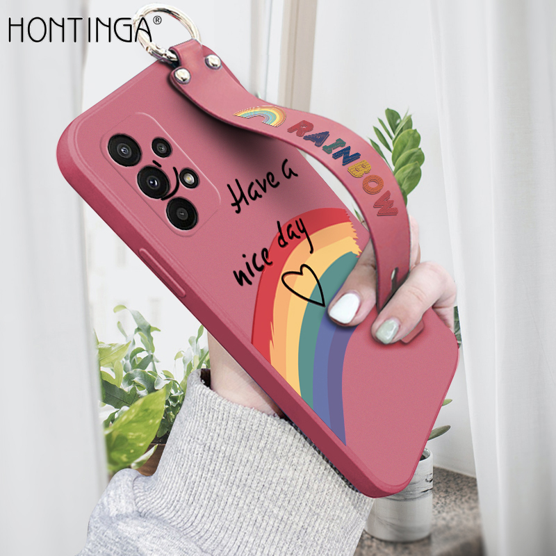 Hontinga Casing Case For Samsung Galaxy A23 Case Rainbow Smile Square Original Liquid Soft Silicone Edge Pattern Rubber Case Cover Camera Protection Cases Back Phone Casing Softcase For Girls