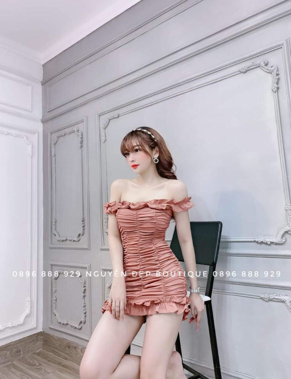 Đầm body trễ vai nhún bèo ôm dáng ( có mút ngực)