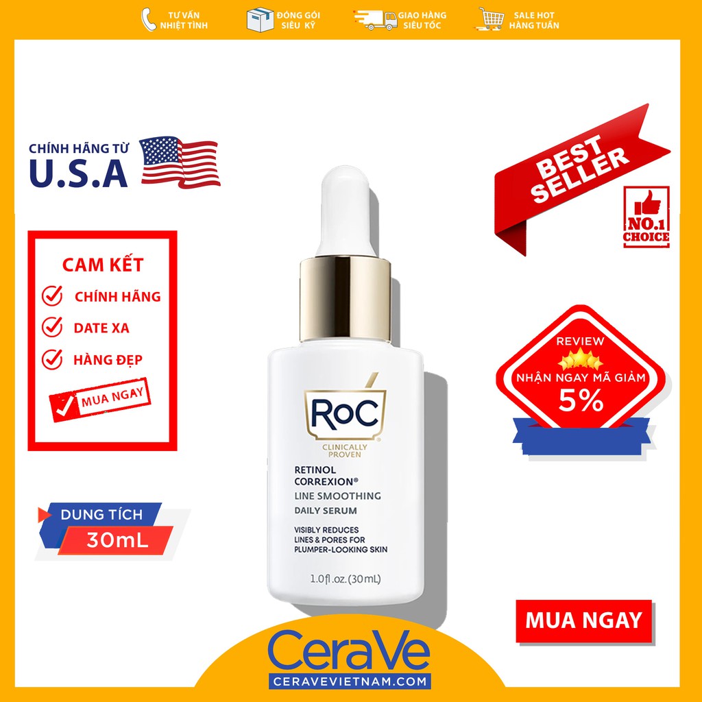 RoC Retinol Correxion Line Smoothing Daily Serum - Tinh chất thu nhỏ lỗ chân lông