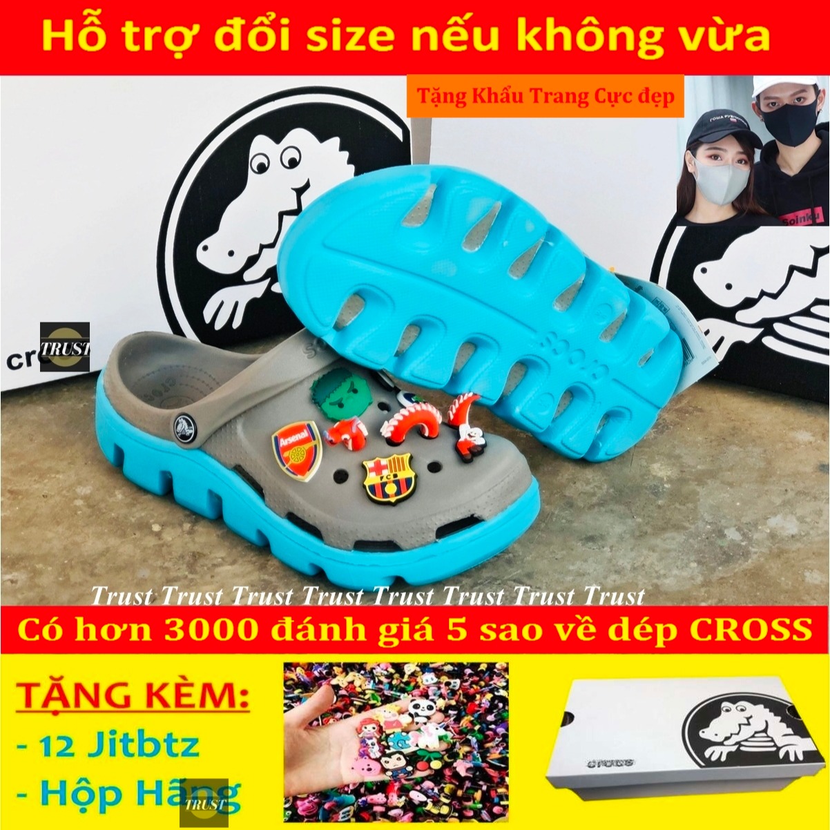 Dép sục Cross duet quai ngang nam và nữ màu xanh xám đế xanh, cá tính siêu nhẹ đi mưa đi nắng thoải mái chống trơn trượt, có nhiều lỗ thoát hơi thông thoáng, tặng kèm 10 jitbitz và hộp hãng - có hình thật và video tự quay