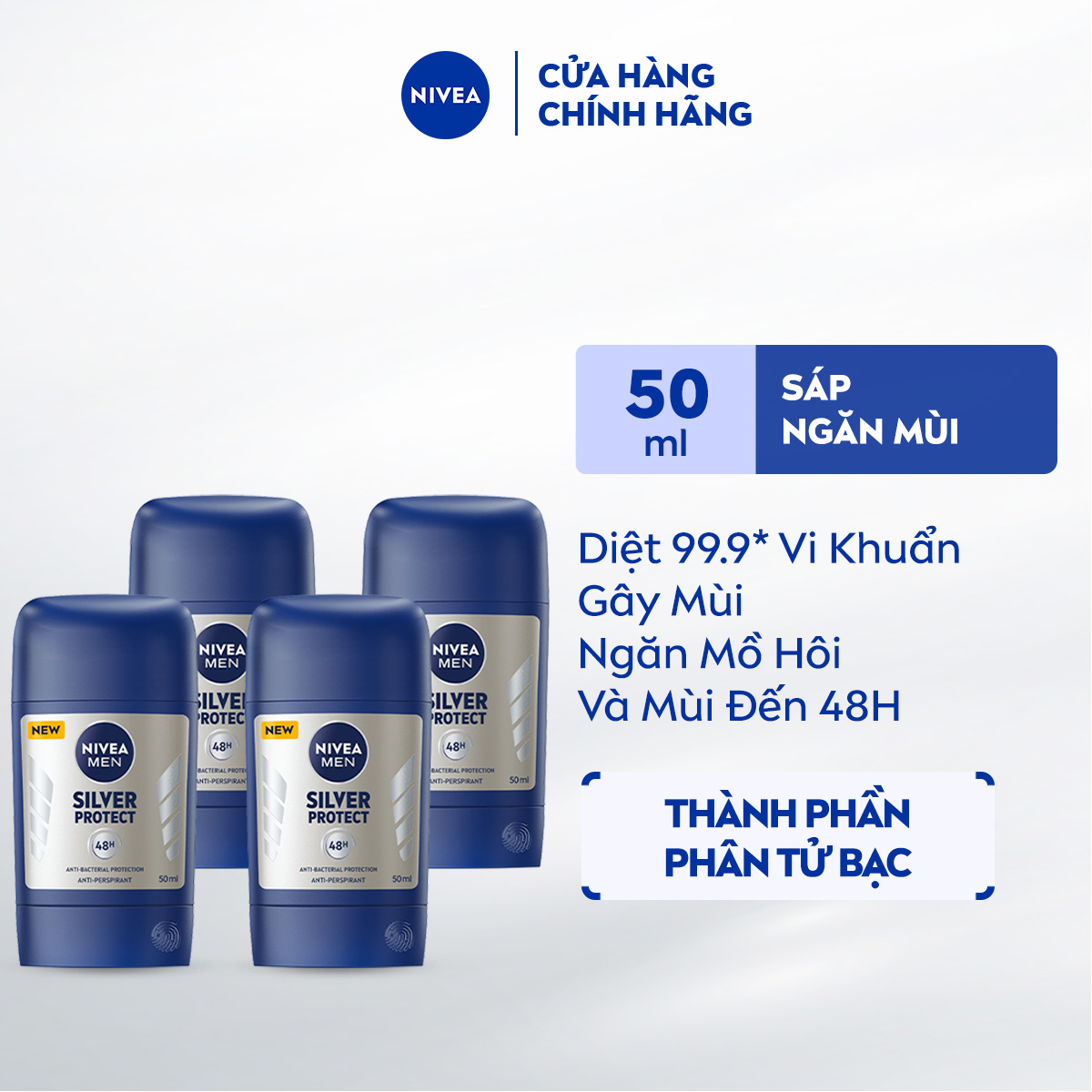 Bộ 4 Sáp Khử Mùi NIVEA MEN Phân Tử Bạc (50 ml) - 83181