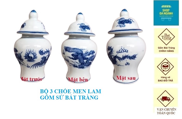 Bộ 3 chóe đựng gạo trên ban thờ cỡ S3, gốm sứ Bát Tràng