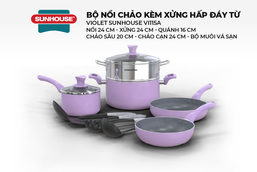Bộ nồi chảo kèm xửng hấp đáy từ VIOLET SUNHOUSE VI115 - Màu tím trendy - Sử dụng trên mọi loại bếp - Hình ảnh 8