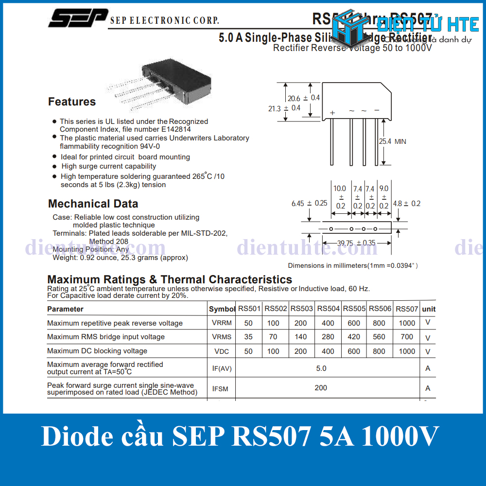 Diode cầu SEP RS507 5A 1000V - Bộ 2 Con