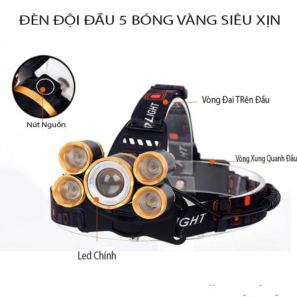 Đèn pin đội đầu 5 bóng 40W,  SIÊU SÁNG SIÊU TRÂU, TUẦN CHỈ CẦN SẠC 1 LẦN,  GIAM GIÁ MÙA DICH ( BẢO HÀNH 1 ĐỔI 1 TOÀN QUỐC) 1 ĐỔI 1