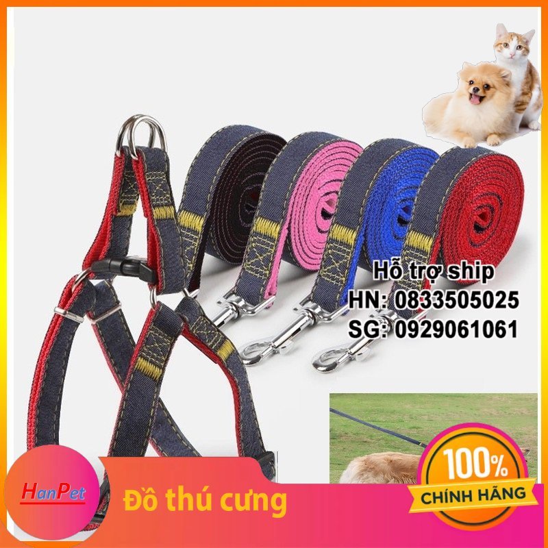 Hanpet - Dây dắt chó vải bò / vải Jean Phân loại: DÂY DẮT KÈM YẾM NGỰC (Đủ Size )Màu ngẫu nhiên Xích chó / xích mèo / dây dắt thú cưng