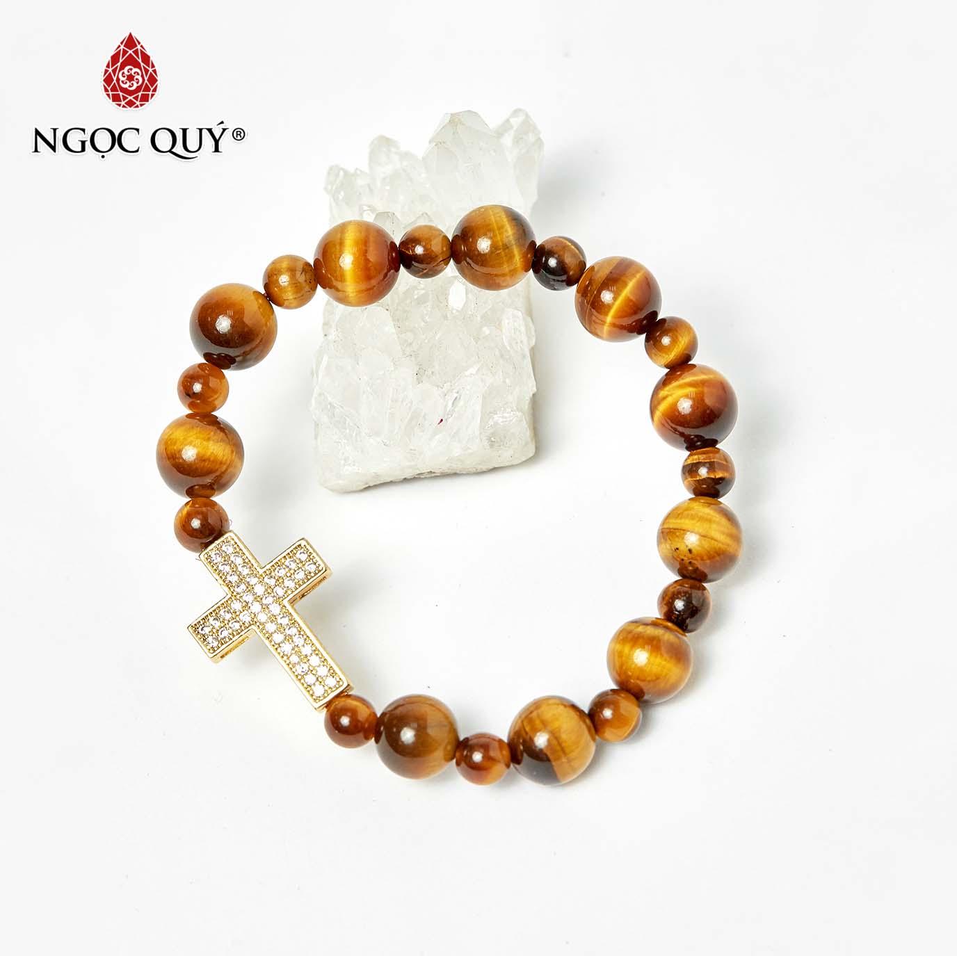 [HCM]Vòng Chuỗi Mân Côi Đá Thạch Anh Mắt Hổ Vàng Nâu Mix Charm Thánh Giá - Ngọc Quý Gemstones