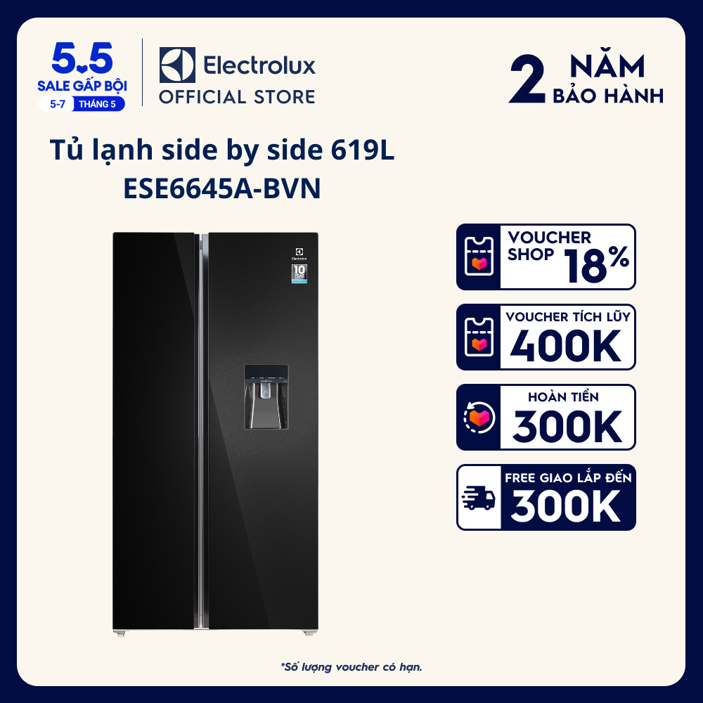 [Tặng Voucher 20%, Freeship] Tủ lạnh Electrolux Inverter Side by...