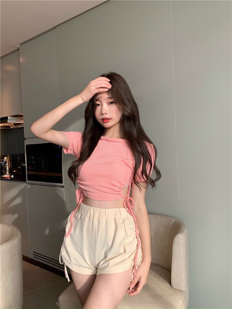 Áo thun gân croptop hở eo kèm thắt nơ eo siêu chất TTSA1204