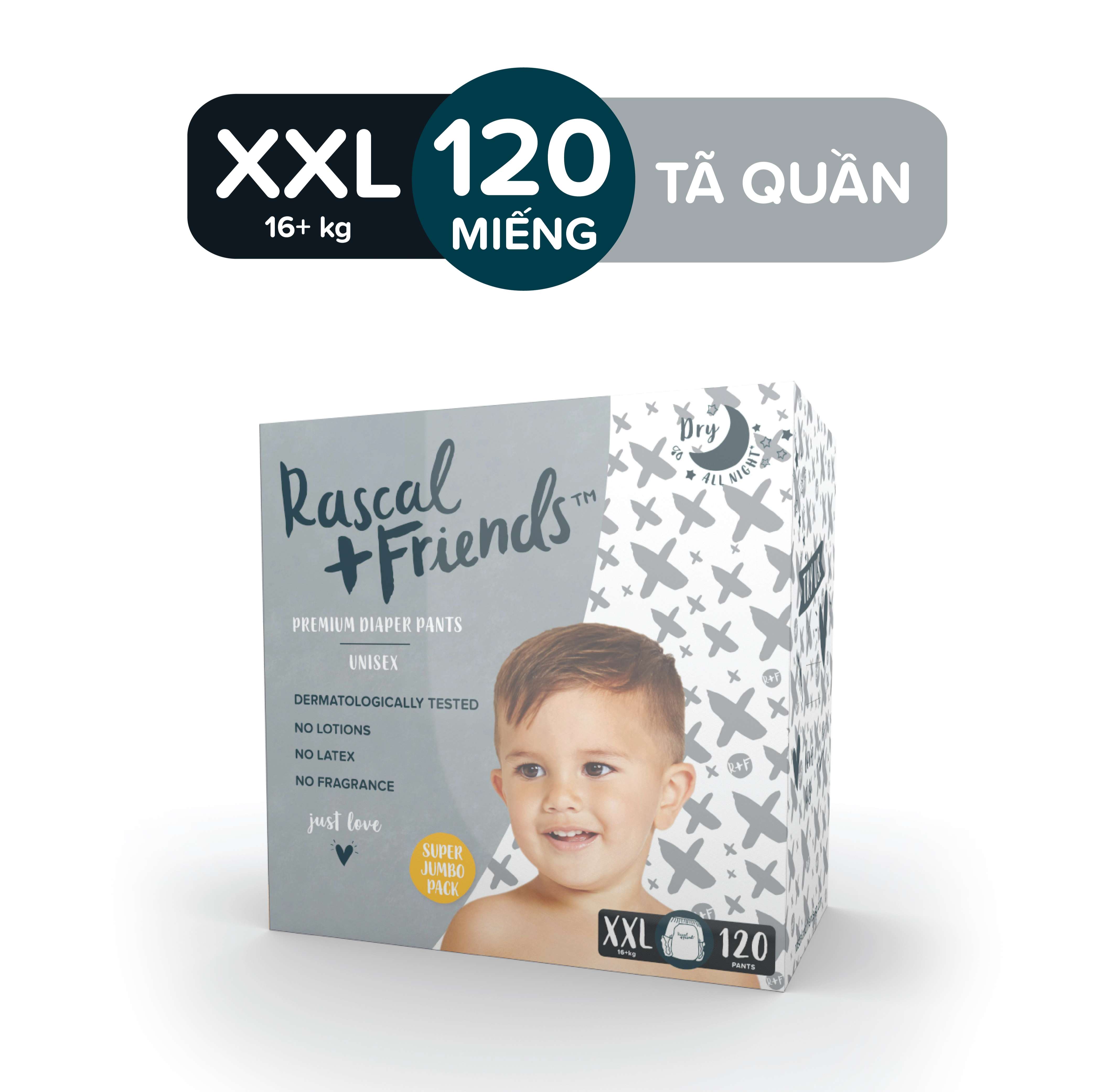 Thùng 3 bịch Tã/Bỉm Quần Rascals Size XXL (15kg-20kg) 120 miếng