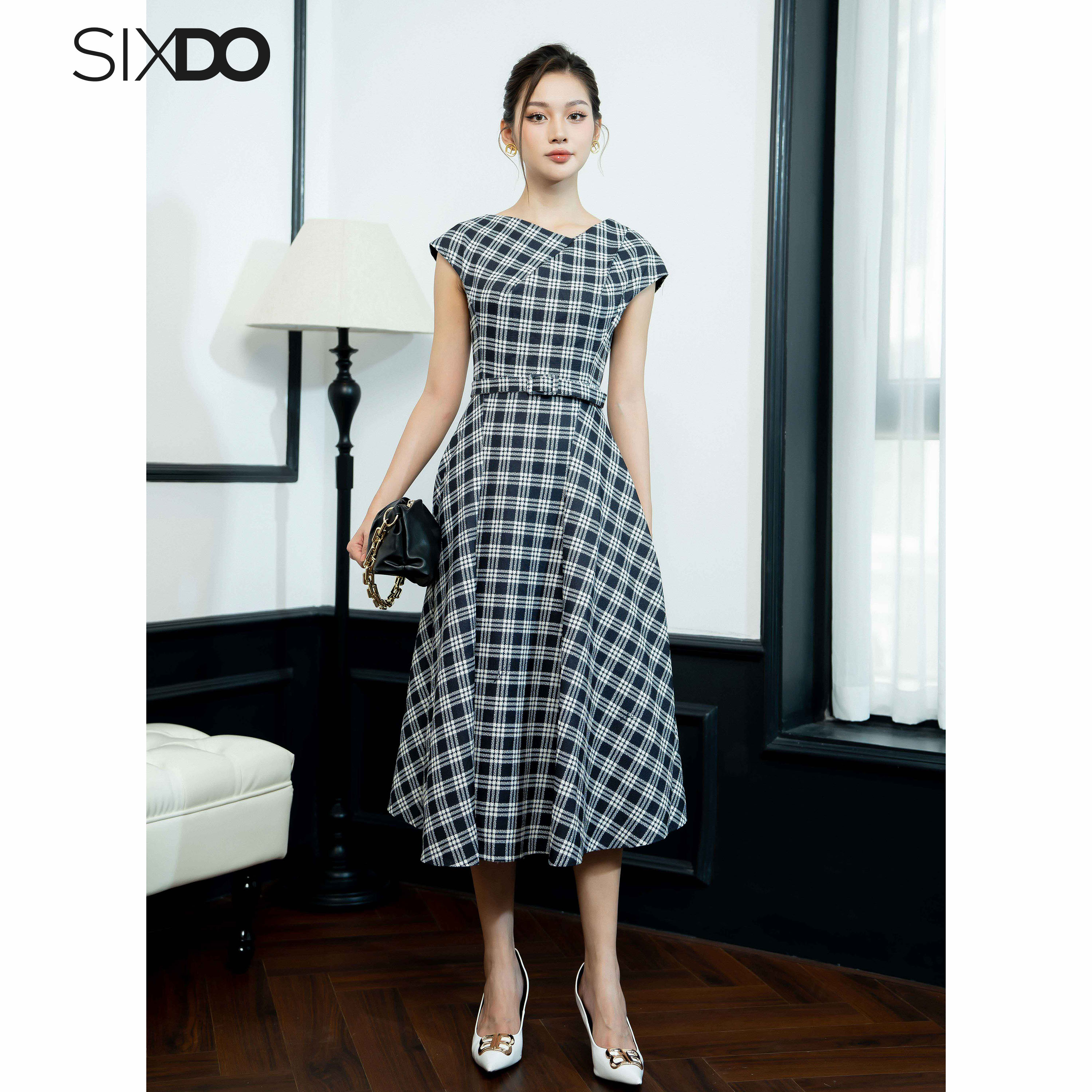 Đầm đen kẻ caro dáng xòe SIXDO (Black Check Midi Raw Dress)