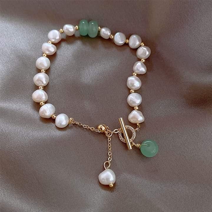 Vòng tay ngọc trai 8ly trắng mix đá xanh khóa ot lắc tay hạt trai nước ngọt - ngọc trai trường thịnh