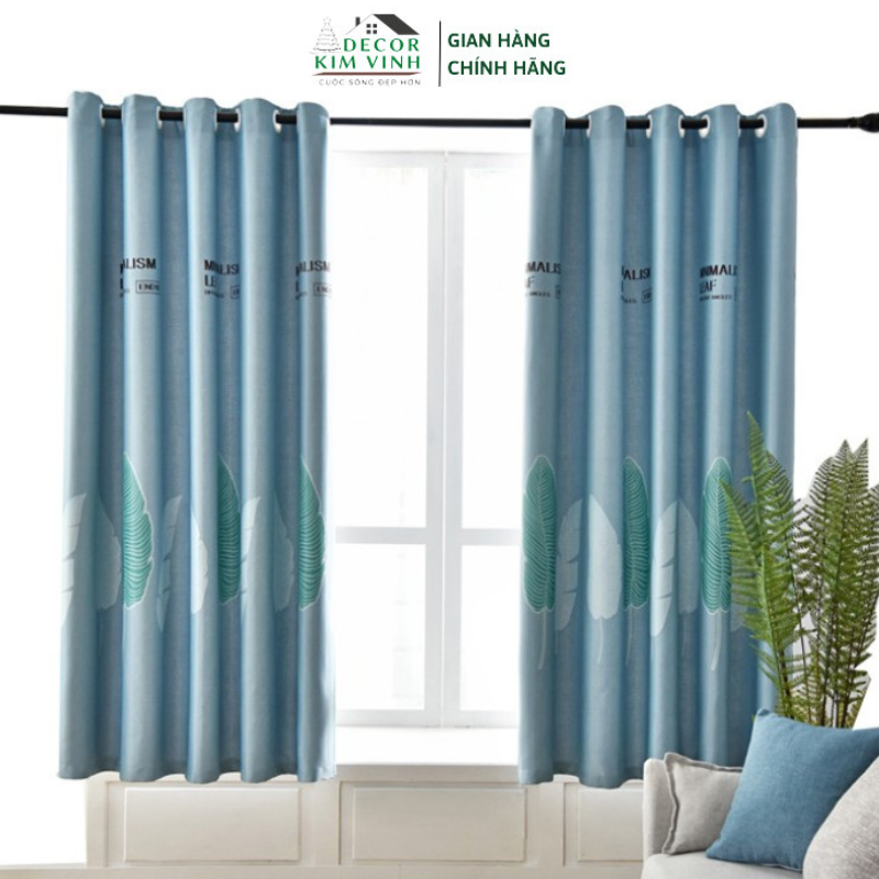 Rèm vải khoen lỗ, khoen ri đô, rèm dán lá và chữ xanh lợt decor kim vinh vải dày khả năng chống nắng cao