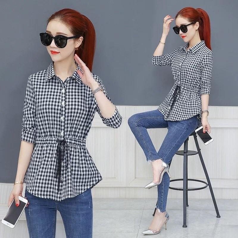 Áo sơ mi nữ sọc caro dây rút eo cao cấp