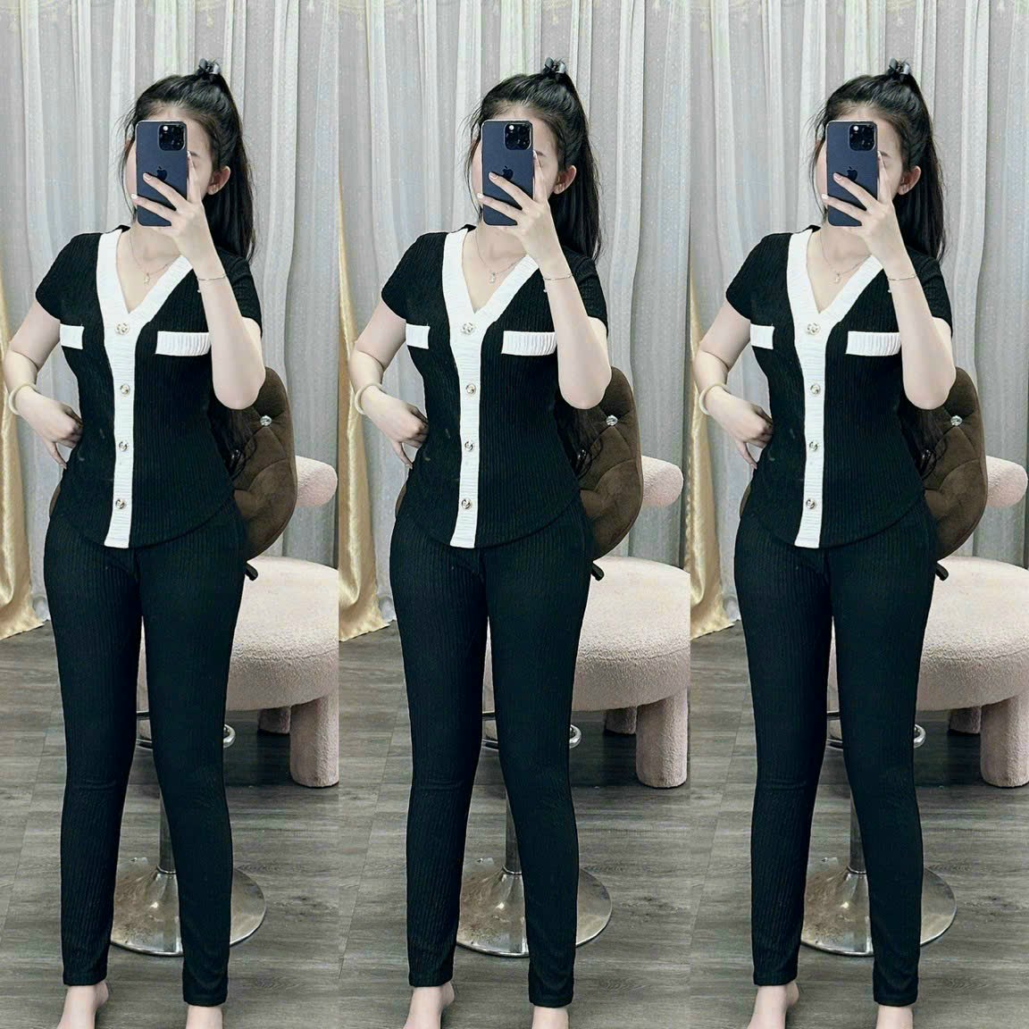 Set bộ đồ nữ áo viền trắng phối nút chất thun xốp quần dài Set bộ hottrend áo phối nút ngắn tay mix quần dài chất thun xốp Set đồ bộ siêu HOT cổ V phối nút mix quần dài xinh xắn MTB