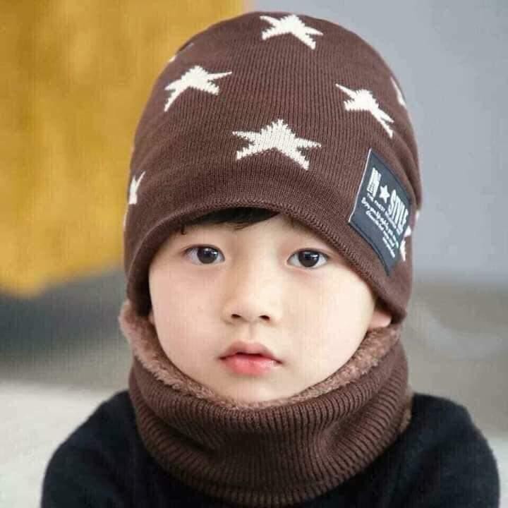 Mũ len kèm khăn ống quàng cổ , mũ len kèm khăn hình ngôi sao cho bé trai bé gái từ 5 tuổi đến 15 tuổi