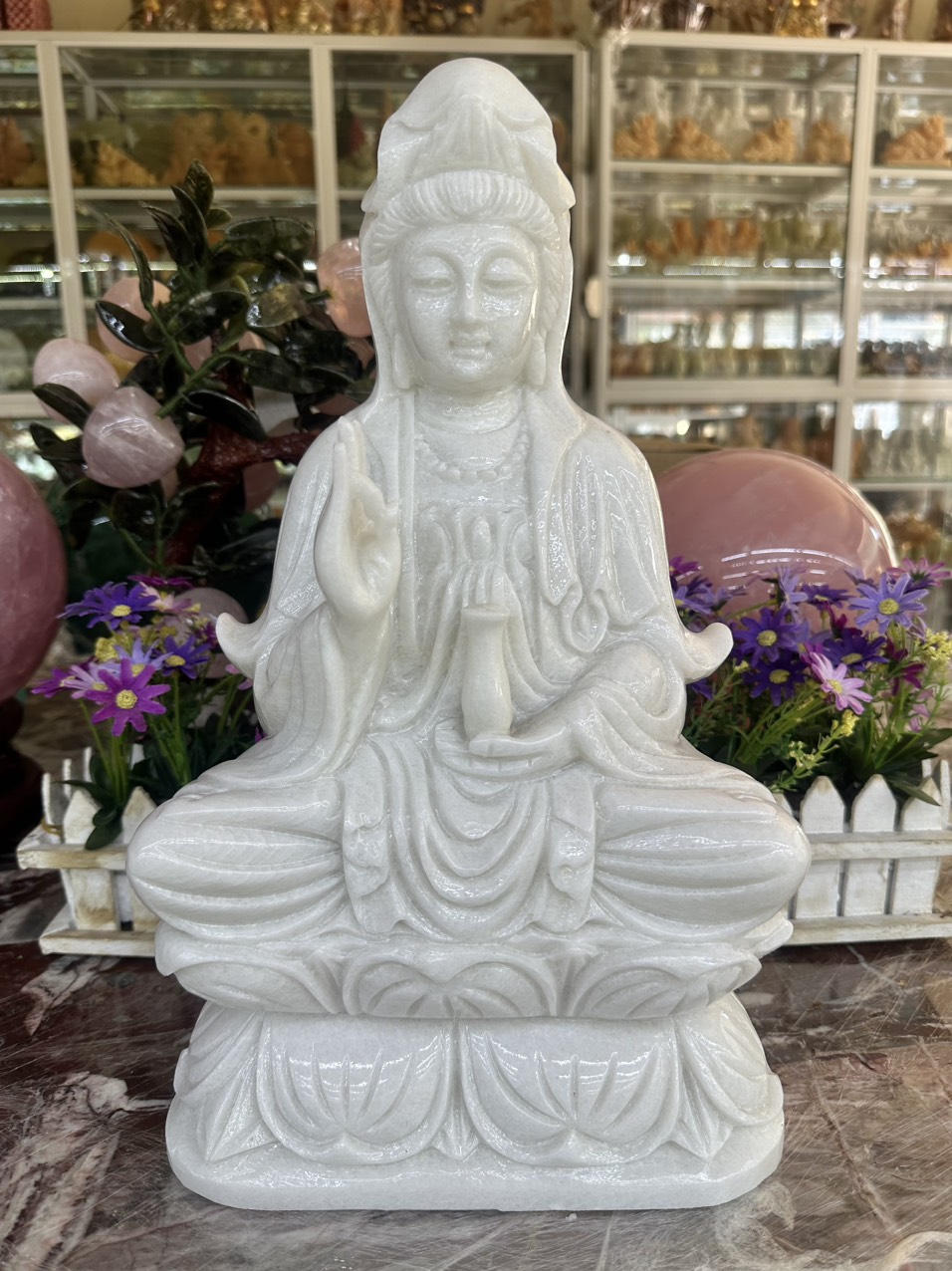 Tượng Phật Bà Quan Âm ngồi đài sen đá cẩm thạch trắng - Cao 40cm