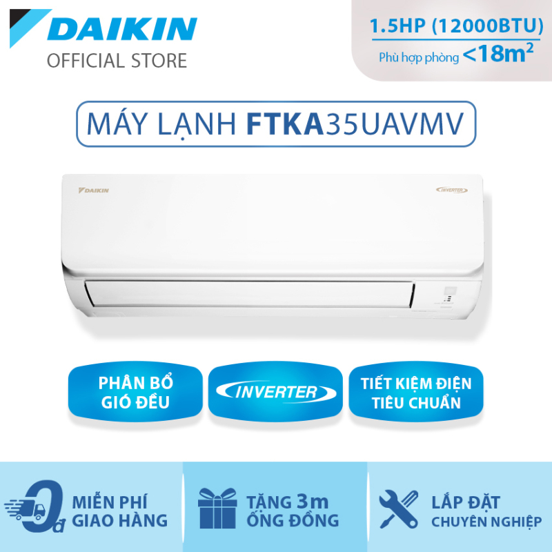 Máy Lạnh Daikin Inverter FTKA35UAVMV 1.5HP (12000BTU) - Tiết kiệm điện - Luồng gió Coanda - Độ bền cao - Chống Ăn mòn - Chống ẩm mốc - Làm lạnh nhanh - Hàng chính hãng