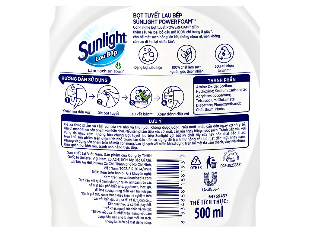 Xịt lau bếp Sunlight bọt tuyết chai 500ml