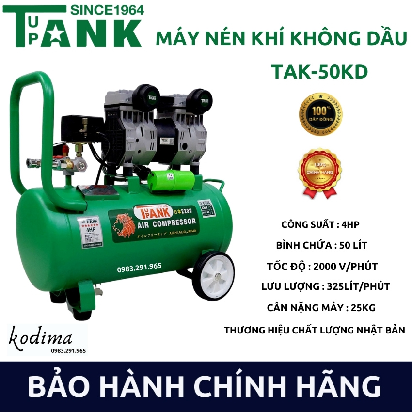 [BẢO HÀNH CHÍNH HÃNG 12 THÁNG] Máy nén khí không dầu TANK - TAK-50KD Tự động nạp khí - Không gây ồn - Bơm xịt hơi / phun sơn / bắn đinh, công suất 4HP, nén 8kg, bình 50L - KODIMA
