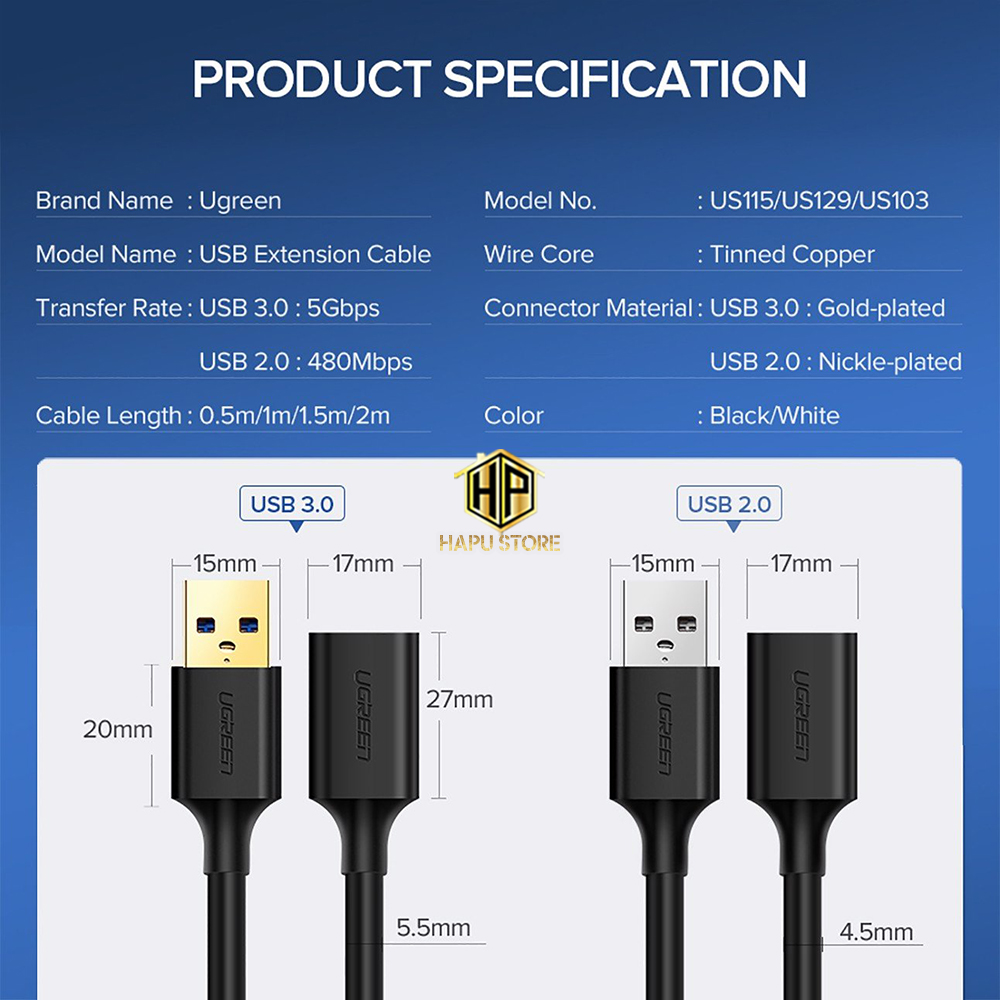 Ugreen 10313 - Cáp USB 2.0 nối dài 0,5M cao cấp - HapuStore