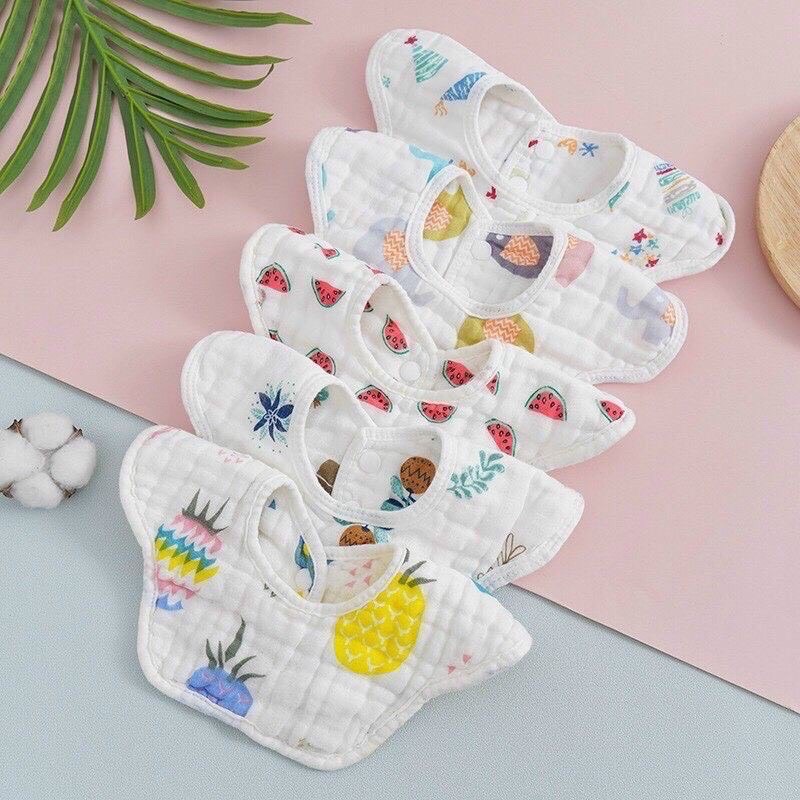 Yếm xô tròn xoay 360° 2 cúc bấm điều chỉnh cho bé yêu / Yếm tròn vải xô 6 lớp cao cấp, xoay 360 độ, dùng được 2 mặt