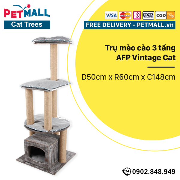 [HCM]Trụ mèo cào 3 tầng AFP Vintage Cat - D50cm x R60cm x C148cm Petmall