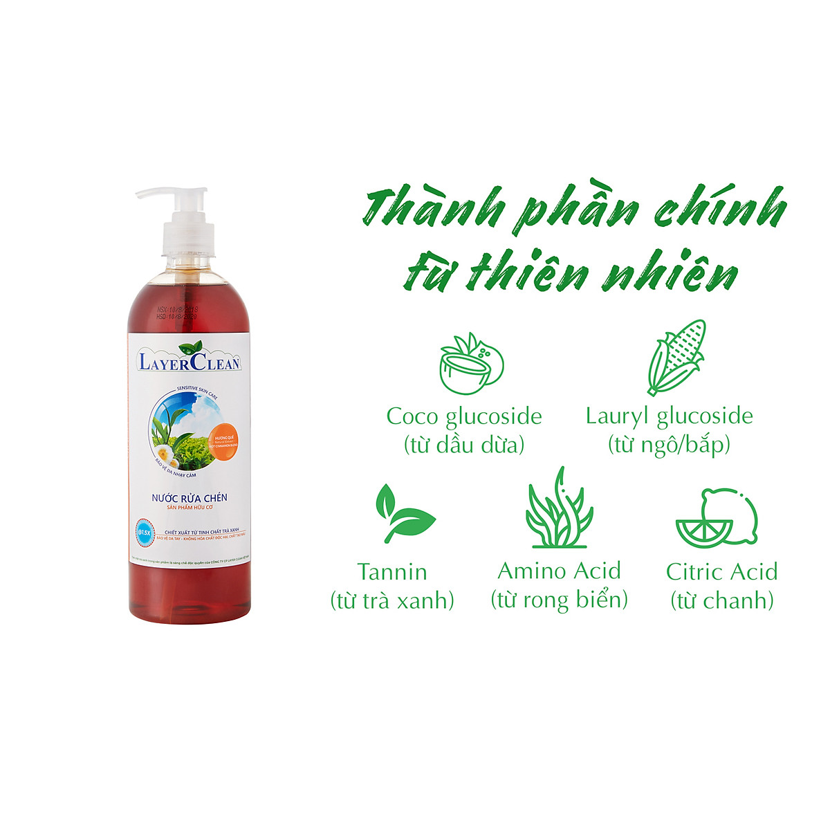 [HCM]Nước rửa chén hữu cơ Layer Clean chai 800ml