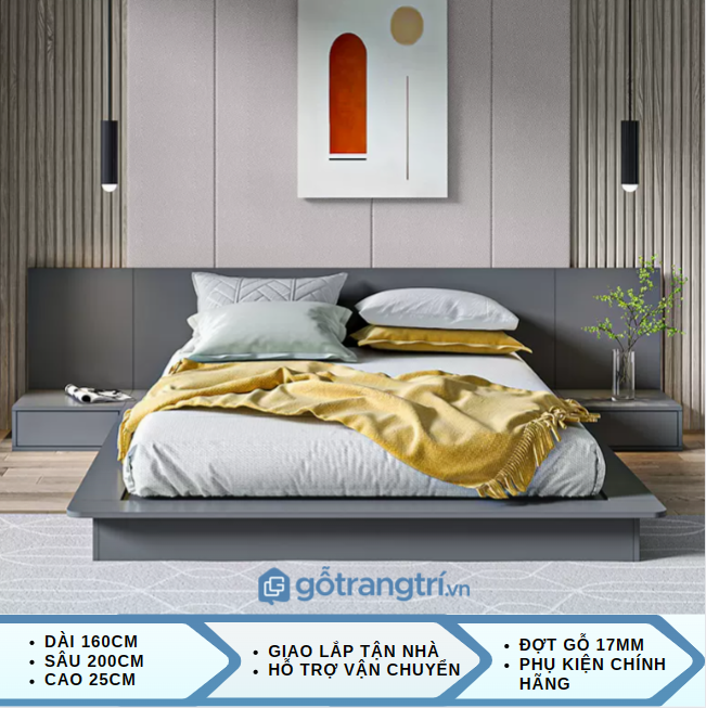 Giường ngủ hiện đại phong cách nhật 2 tab đầu giường gỗ mdf giao hàng tận nơi - ghy 505