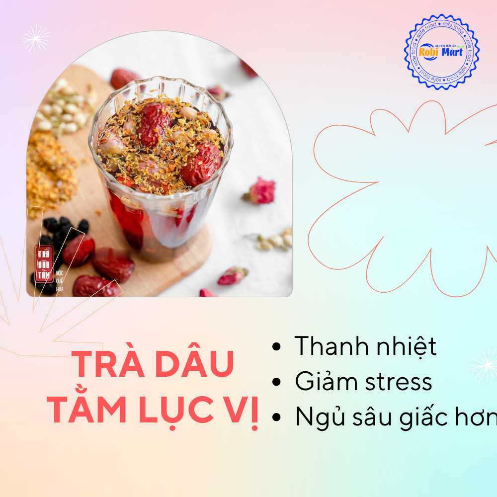 [5 gói dùng thử] trà dâu tằm lục vị thanh nhiệt robimart (dâu tằm, quế hoa, nụ lài, táo đỏ, nụ hồng, kì tử)