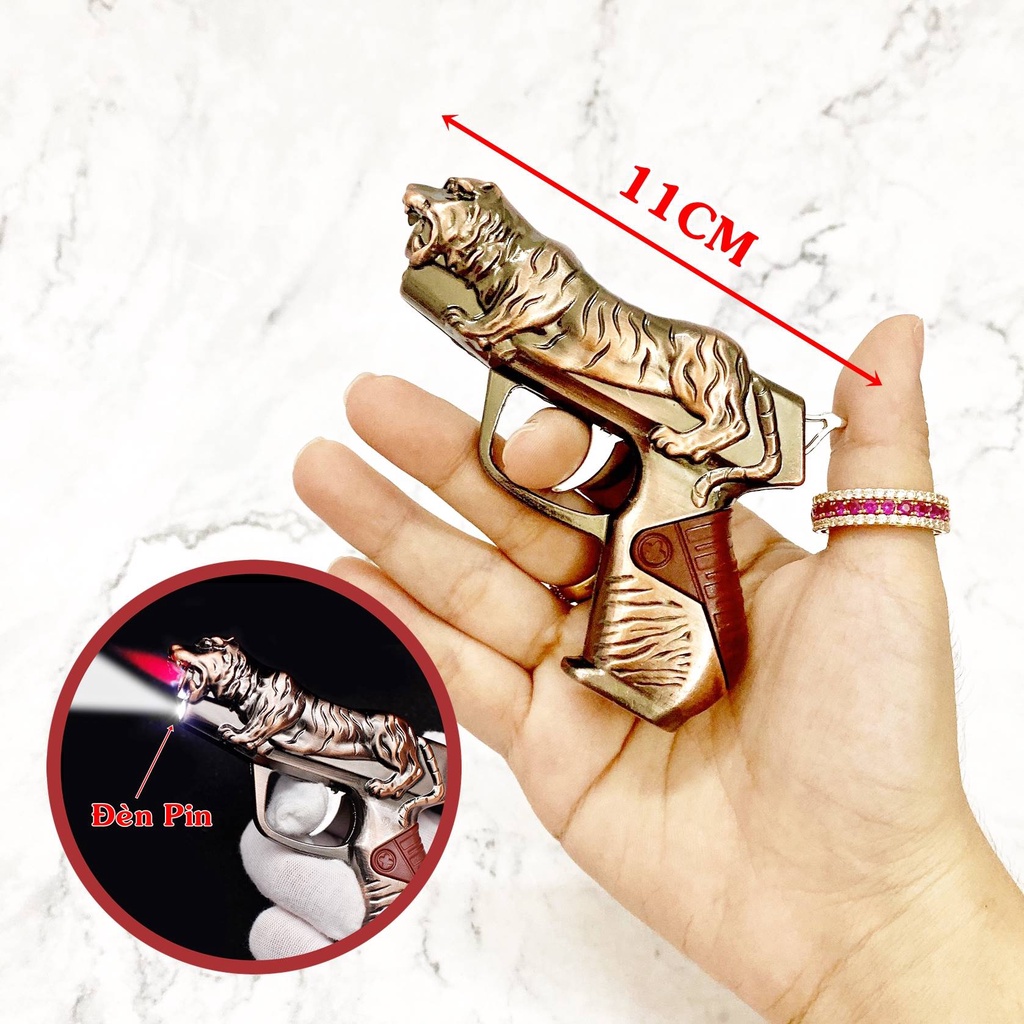 Hột quẹt bật lửa mô hình sú.n.g con cọp có đèn pin 11cm