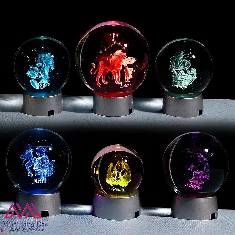 Bộ quà tặng sinh nhật 🎁🎁🎁 Quả cầu pha lê đèn led 3d 12 Cung Hoàng Đạo 6cm ( tặng hộp quà và đế đèn )