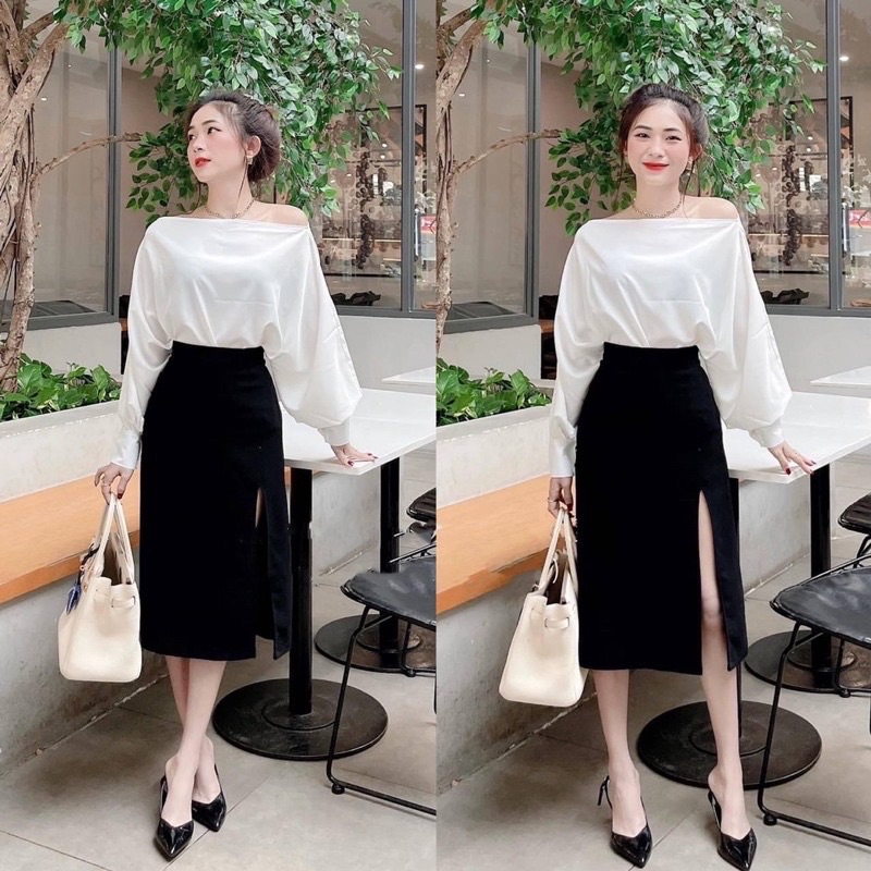 Set váy xẻ tà + áo lệch vai🔥