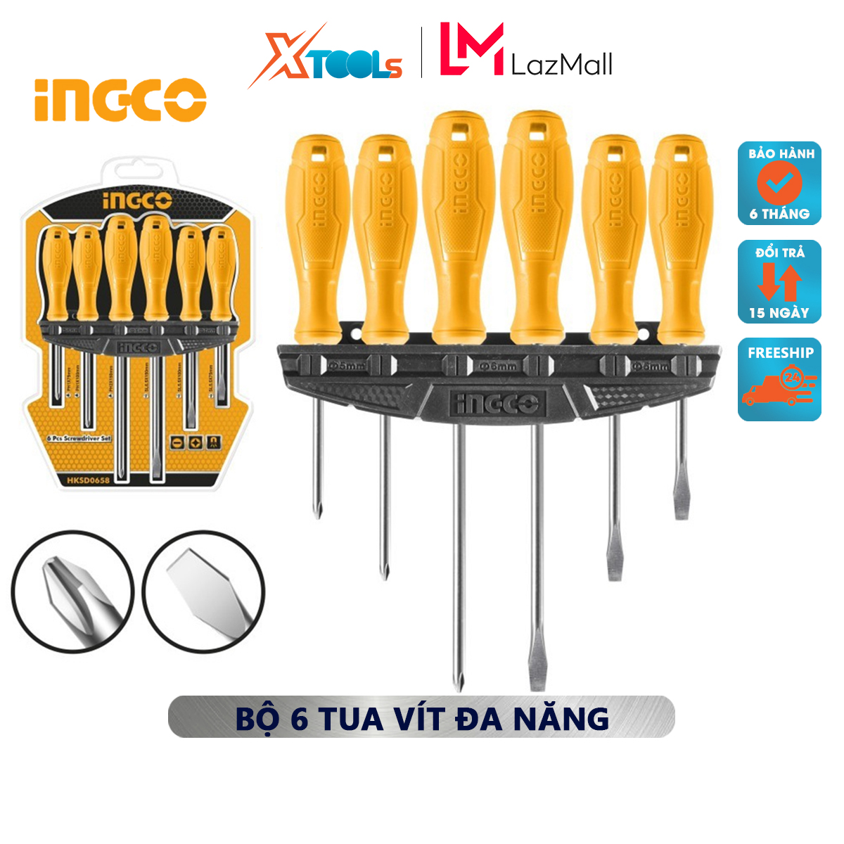 Bộ tuốc nơ vít 6 chi tiết ingco hksd0658 | bộ 6 tua vít chất liệu thép cr-v gồm tua vít sl5x75mm, tua vít sl5x100mm, tua vít sl6x150mm, tua vít ph1x75mm, tua vít ph1x100mm, tua vít ph2x150mm vặn mở đai ốc vít