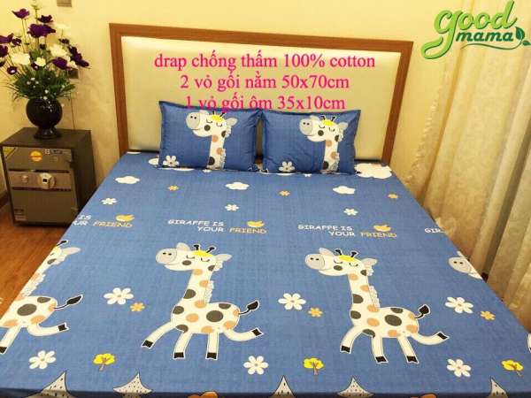 Ga chống thấm Goodmama 100% cotton kích thước 1m6x 2mx20cm, 2 vỏ gối nằm 50x70cm và 1 vỏ gối ôm 35x100cm