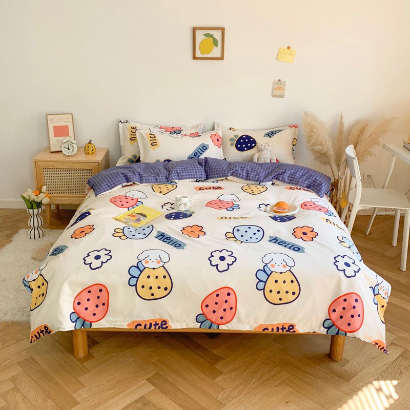 Trọn Bộ 4 Món Cotton Poly Nhập Mẫu DÂU CUTE XANH DƯƠNG dễ thương dành cho bạn gái/bé gái