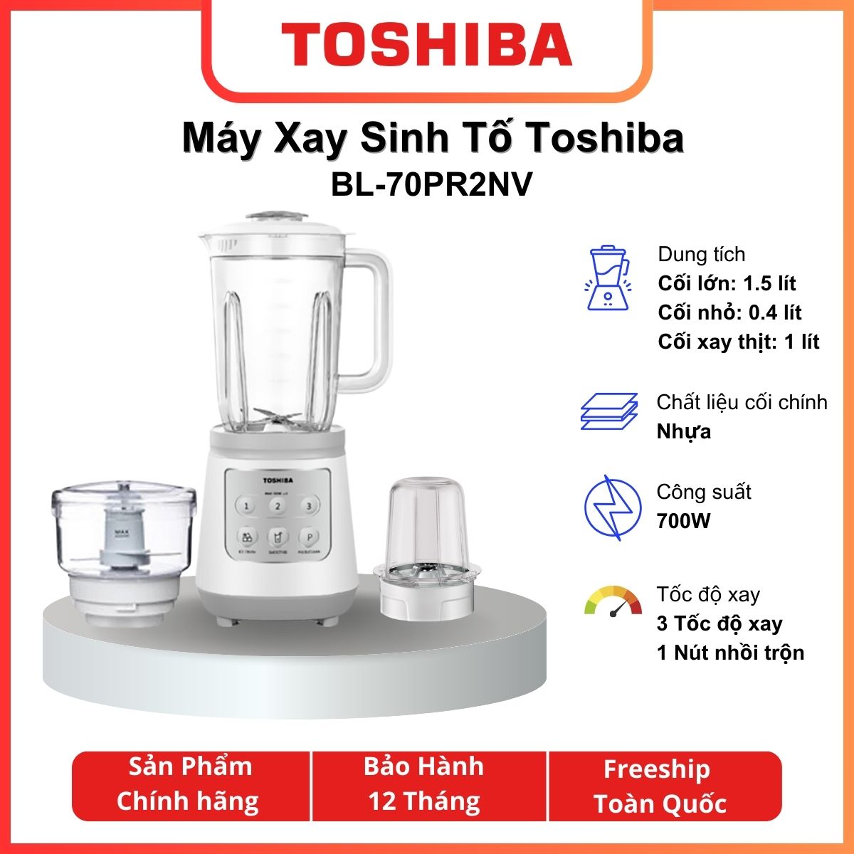 Máy xay sinh tố, máy xay đa năng Toshiba BL-70PR2NV - Xay thịt - Xay đá - Chân chóng trượt - Công suất 700 W - Hàng chính hãng - Bảo hành 12 tháng