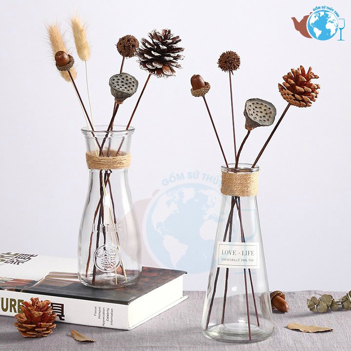 SET 2 lọ hoa thủy tinh EO NHỎ VÀ TAM GIÁC TRÒN - MIX 2 MẪU SIÊU XINH  tặng kèm 2 dây dừa trang trí