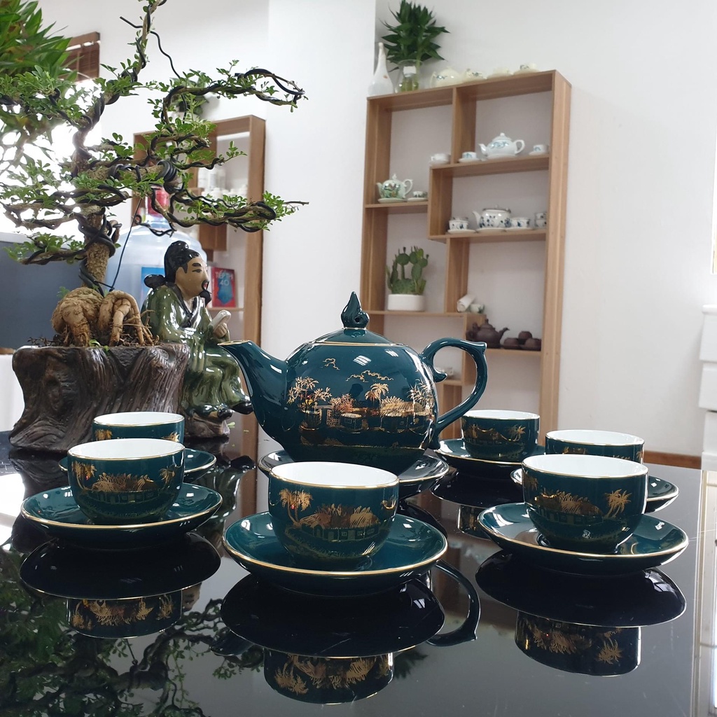 Bộ Ấm Chén Uống Trà, Bộ Ấm Chén Bát Tràng - Mộc Hương Giang Xanh Malat (Xanh Cổ Vịt)