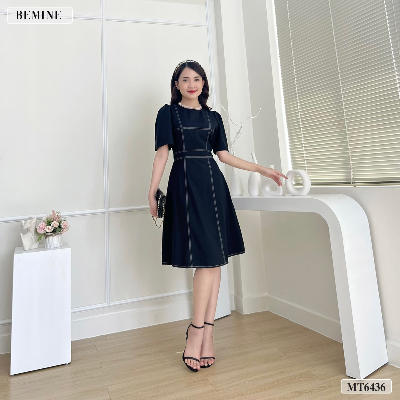 Đầm công sở chạy chỉ tùng xoè BEMINE MT6436
