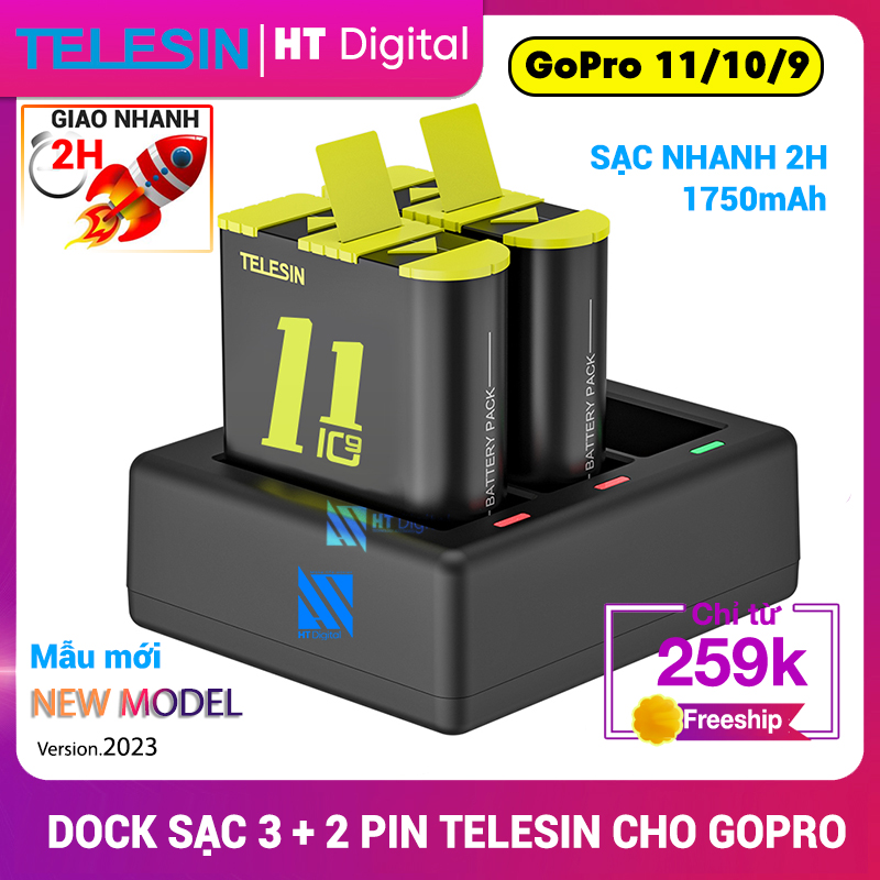Combo Sạc 3 + 2 Pin cho GoPro 12 11 10 9 Telesin - Bộ Pin Sạc Cho Máy Quay Hành Trình GoPro Hero 9 10 11 12 - Phụ Kiện GoPro