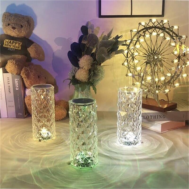 Crystal Table Lamp LED Rose Light Projector 3/16 Colors Touch Adjustable Romantic Diamond Atmosphere Light USB Touch Night Light