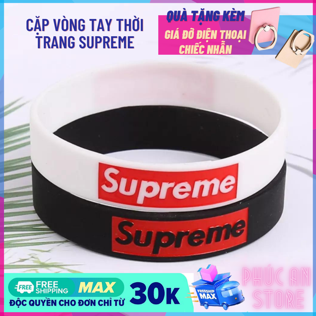 [HCM]Vòng tay cặp đôi thời trang SUPERME chất liệu cao su dễ thương (Đen - Trắng) + Tặng Kèm Giá Đỡ Điện Thoại Hình Chiếc Nhẫn Siêu Cute