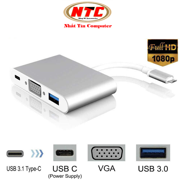 Cáp 3 in 1 chuyển đổi typeC sang VGA/ USB/ TypeC - hỗ trợ chất lượng FullHD (Xám) - Nhất Tín Computer