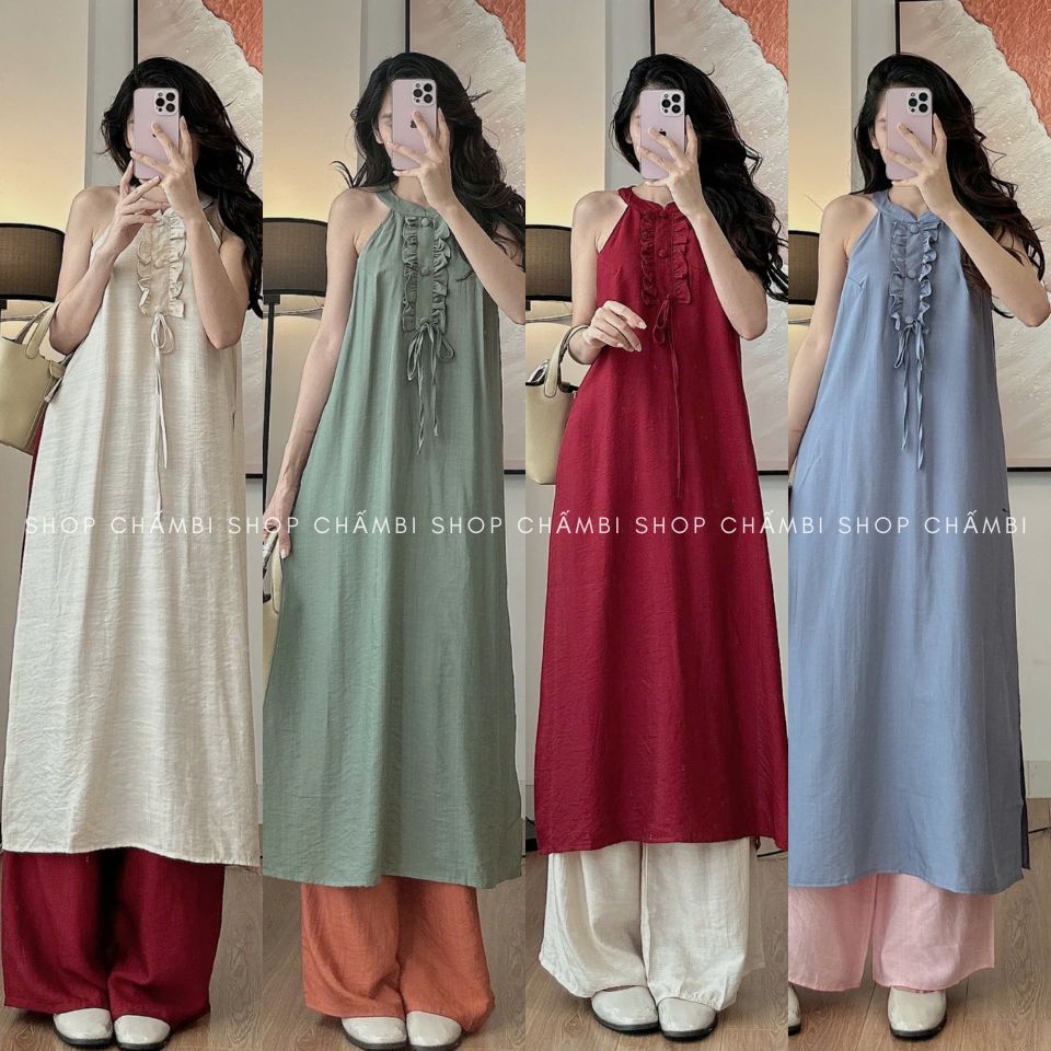 Set áo dài cách tân S.209, Set áo dài cổ yếm 3 cúc bọc chất đũi mềm mại phong cách vintage – Shop Chấm Bi