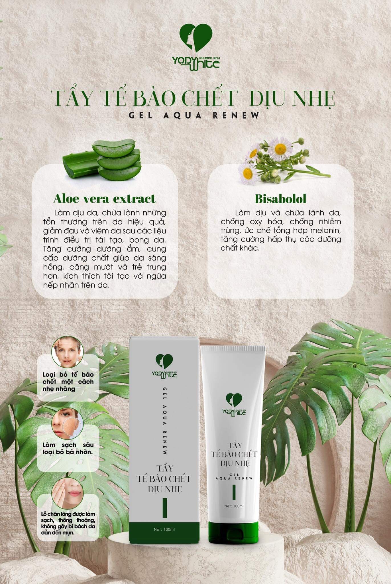 Tẩy tế bào chết dịu nhẹ Yody White Phương Anh - Tẩy da chết Gel Aqua Renew Phương Anh